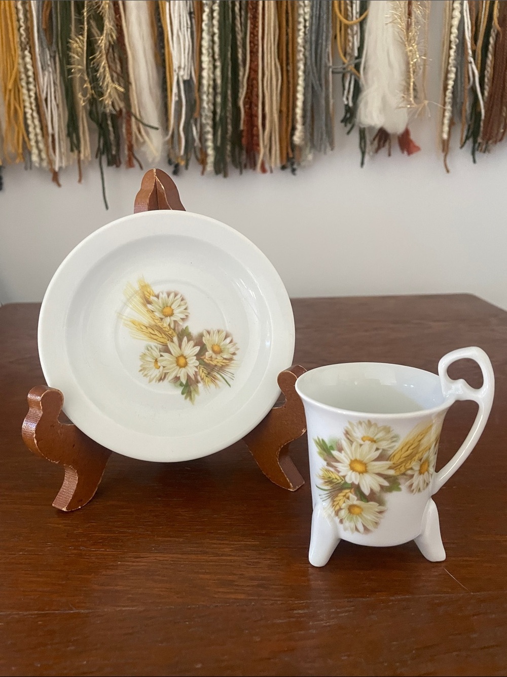 Pier one White Floral Demitasse Cup and Saucer - White with Yellow Daisy Motif